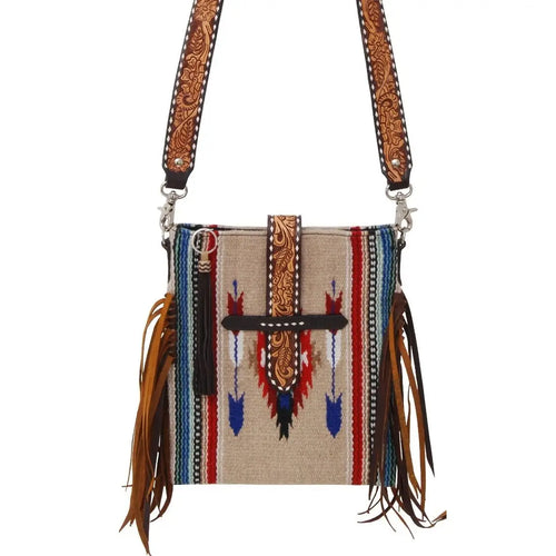 Cross Body Bag with Fringes, Tassel & Tooled Flap