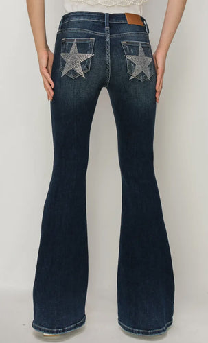 Mid Rise Super Flare Star Rhinestone On Back Pockets Jeans