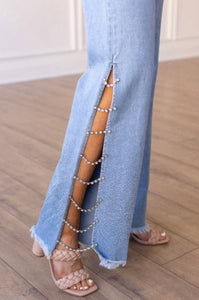 Light Wash Denim With Crystal Chain Detail