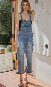 Fashion-W Distressed Bib Pocket Wide Leg Denim Overall