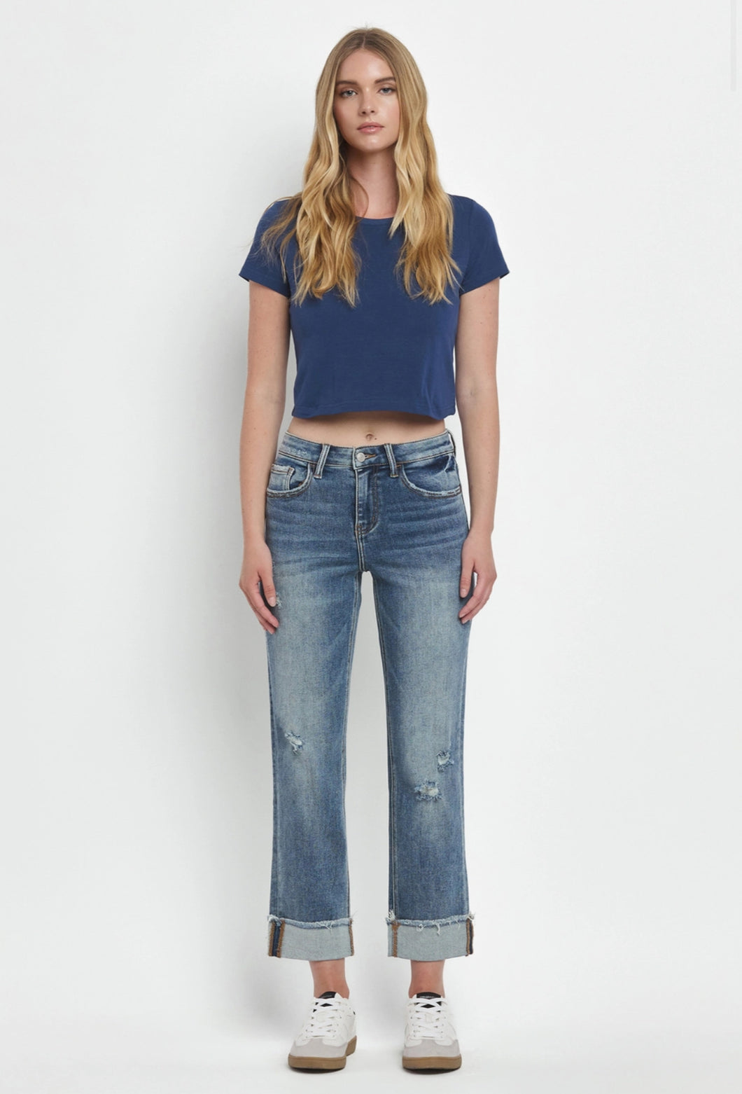 High Rise Cuff Straight Jeans