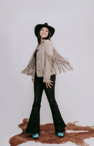 Deluxe Rhinestone Fringe Vegan Suede Jacket -Taupe