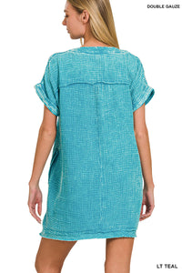 Washed Double Gauze Raw Edge V-Neck Dress