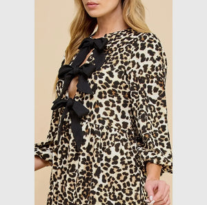 Print Woven Ribbon Tie Short Dress