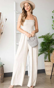 Solid Linen Smocked Jumpsuits