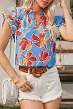 Load image into Gallery viewer, Floral Print Pompom Trim Flutter Sleeve Top