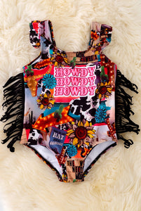 Howdy Western Printed Swimsuit with Side Fringe