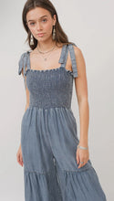 Load image into Gallery viewer, Smocked Tie Chambray Palazzo Wide Pant Jumpsuit