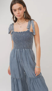 Smocked Tie Chambray Palazzo Wide Pant Jumpsuit