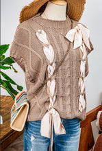 Load image into Gallery viewer, Cable Knit Satin Bowknot Short Sleeve Valentine Sweater