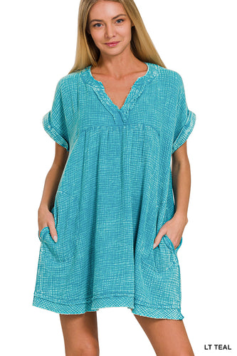 Washed Double Gauze Raw Edge V-Neck Dress