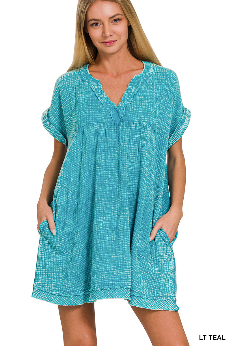 Washed Double Gauze Raw Edge V-Neck Dress