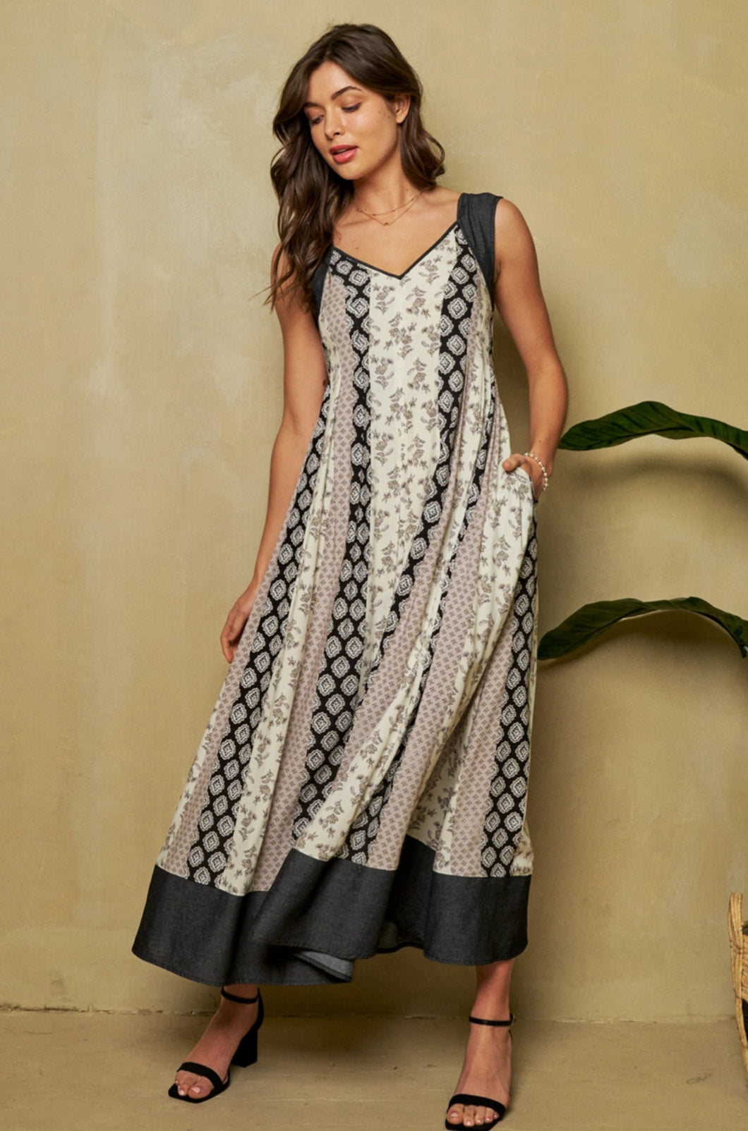 Contrast Denim Open Smocking Back Pleated Dress