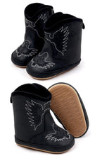 Load image into Gallery viewer, Black Pleather Baby Boots with Velcro