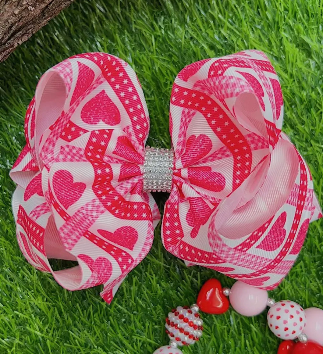 Heart/ Valentines Printed Double Layer Hair Bow w/ Rhinestones