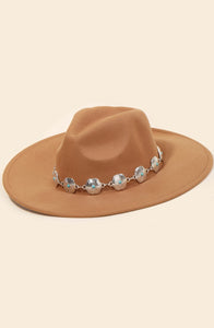 Concho Chain Strap Flat Brim Fedora Fashion Hat