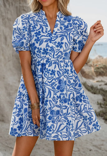 Blue Flower Print Puff Sleeve Tiered Dress