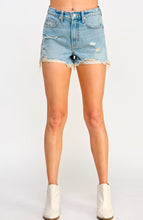 Load image into Gallery viewer, High Rise 90&#39;s Shorts with Distressing in Medium - Sneak Peek Denim