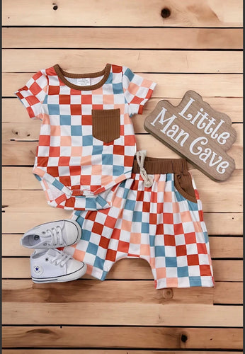 Multi Color Checker Printed Baby Onesie & Shorts