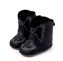 Load image into Gallery viewer, Black Pleather Baby Boots with Velcro