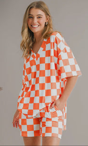 Checkered Print V Neck Top & Shorts Lounge Set