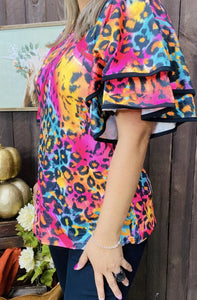 Colorful Leopard Double Ruffle Short Sleeve Top