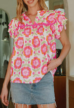Load image into Gallery viewer, Floral Ruffle Sleeve Ric-Rac Trim Split Neck Loose Top