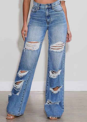 High-Rise Distressed Wide Leg Jeans