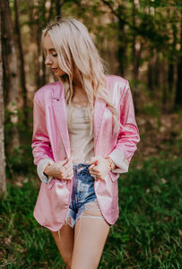 Metallic Faux Leather Blazer Pink