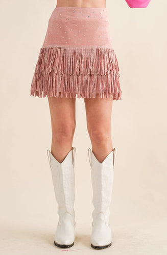 Suede Star Silver Studded Tiered Fringe Mini Skirt