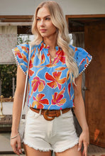 Load image into Gallery viewer, Floral Print Pompom Trim Flutter Sleeve Top