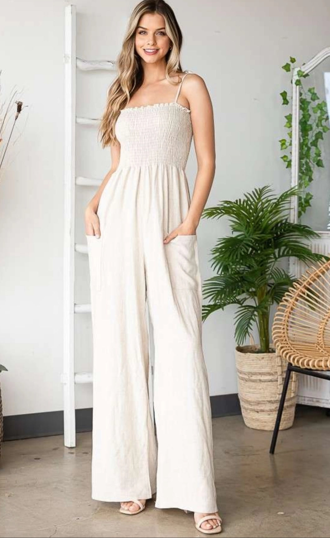 Solid Linen Smocked Jumpsuits