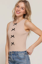 Load image into Gallery viewer, Sleeveless Crew Neck with Front Ribbon Spring Sweater In White &amp; Beige