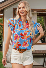 Load image into Gallery viewer, Floral Print Pompom Trim Flutter Sleeve Top