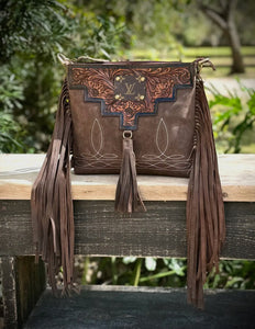 Upcycled Lv Leather Suede Boot Stitch Fringe Crossbody Bag