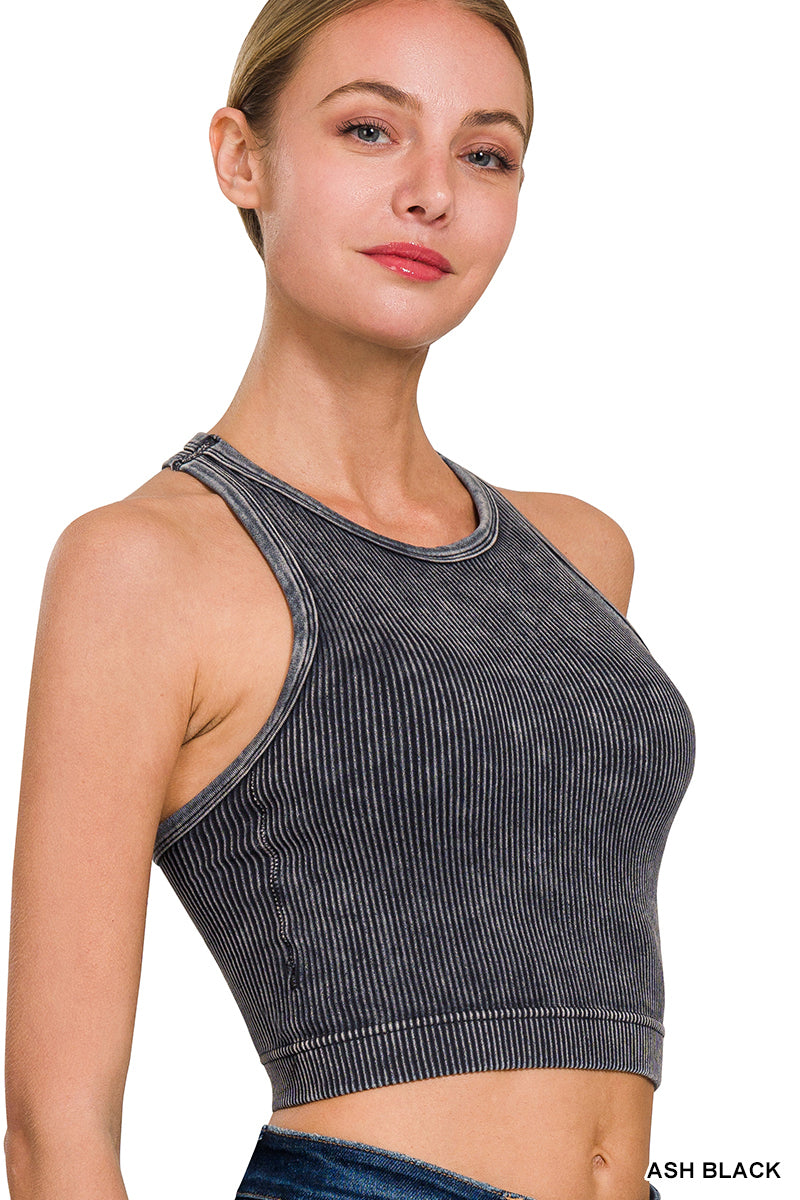 Stone Washed Ribbed Seamless Bra Padded Top