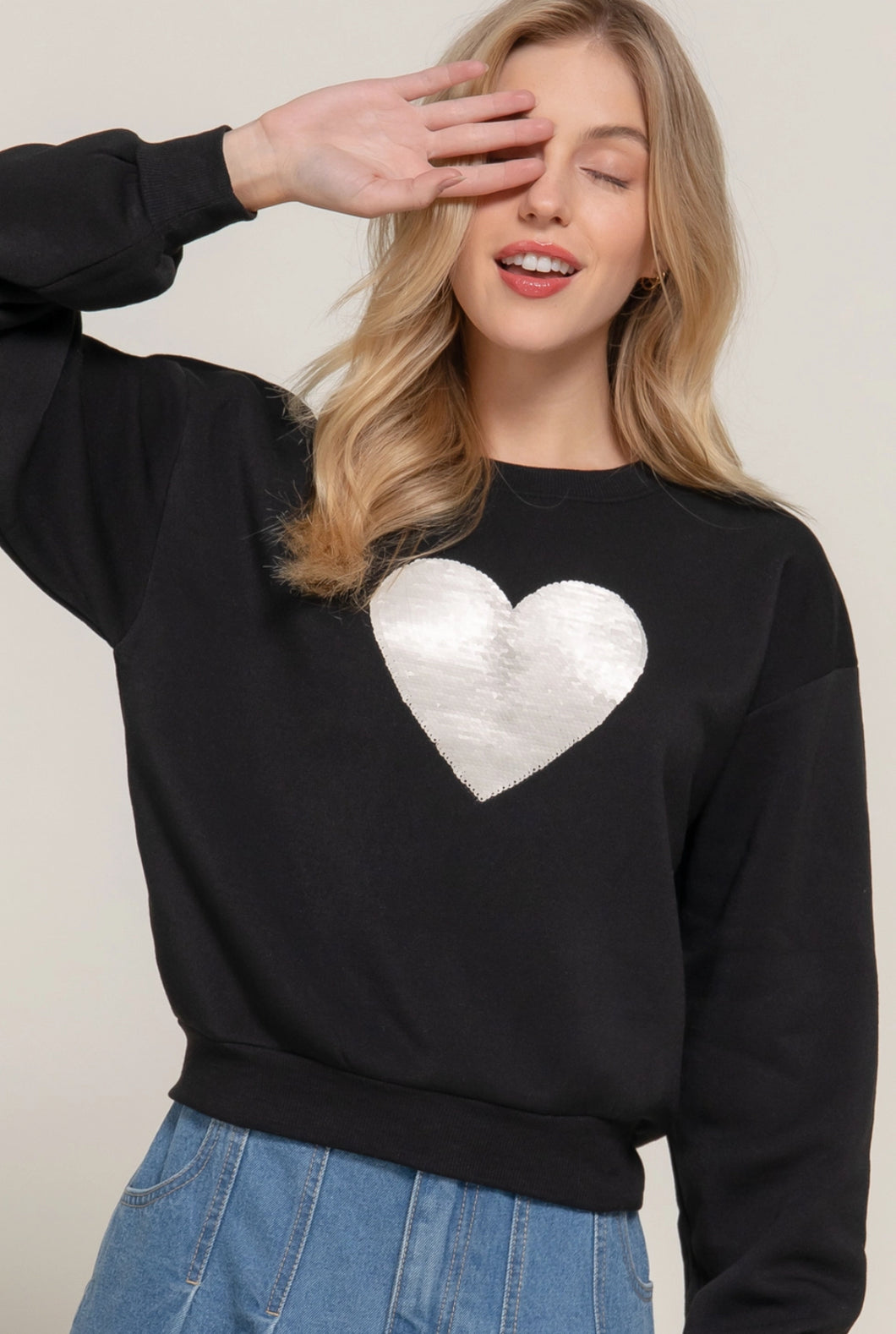 Long Sleeve Crew Neck Sequin Detail Inner Fleece Sweatshirt - Black