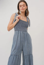 Load image into Gallery viewer, Smocked Tie Chambray Palazzo Wide Pant Jumpsuit