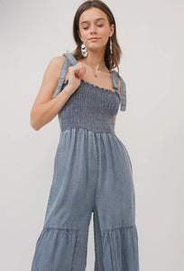 Smocked Tie Chambray Palazzo Wide Pant Jumpsuit