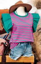 Load image into Gallery viewer, Stripe Colorblock Ruffled Sleeve Crew Neck Top