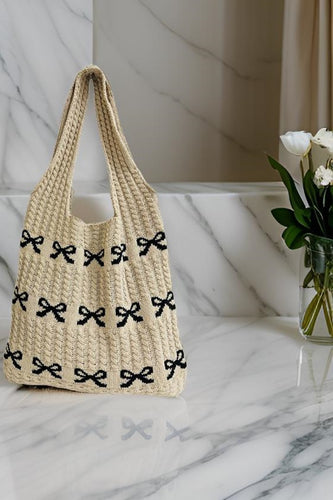 Ribbon Bow Pattern Knitted Woven Crochet Tote Bag