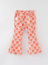 Load image into Gallery viewer, Girls Orange Bow Print Plaid Flared Jeans