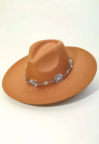 Concho Chain Strap Flat Brim Fedora Fashion Hat