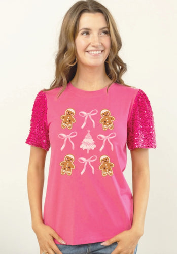 Gingerbread Bows On Pink Crewneck Tee with Sequin Sleeves