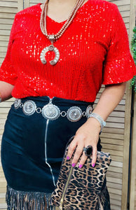 Red Sequin Top With Ruffle Sleeves