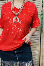 Load image into Gallery viewer, Red Sequin Top With Ruffle Sleeves