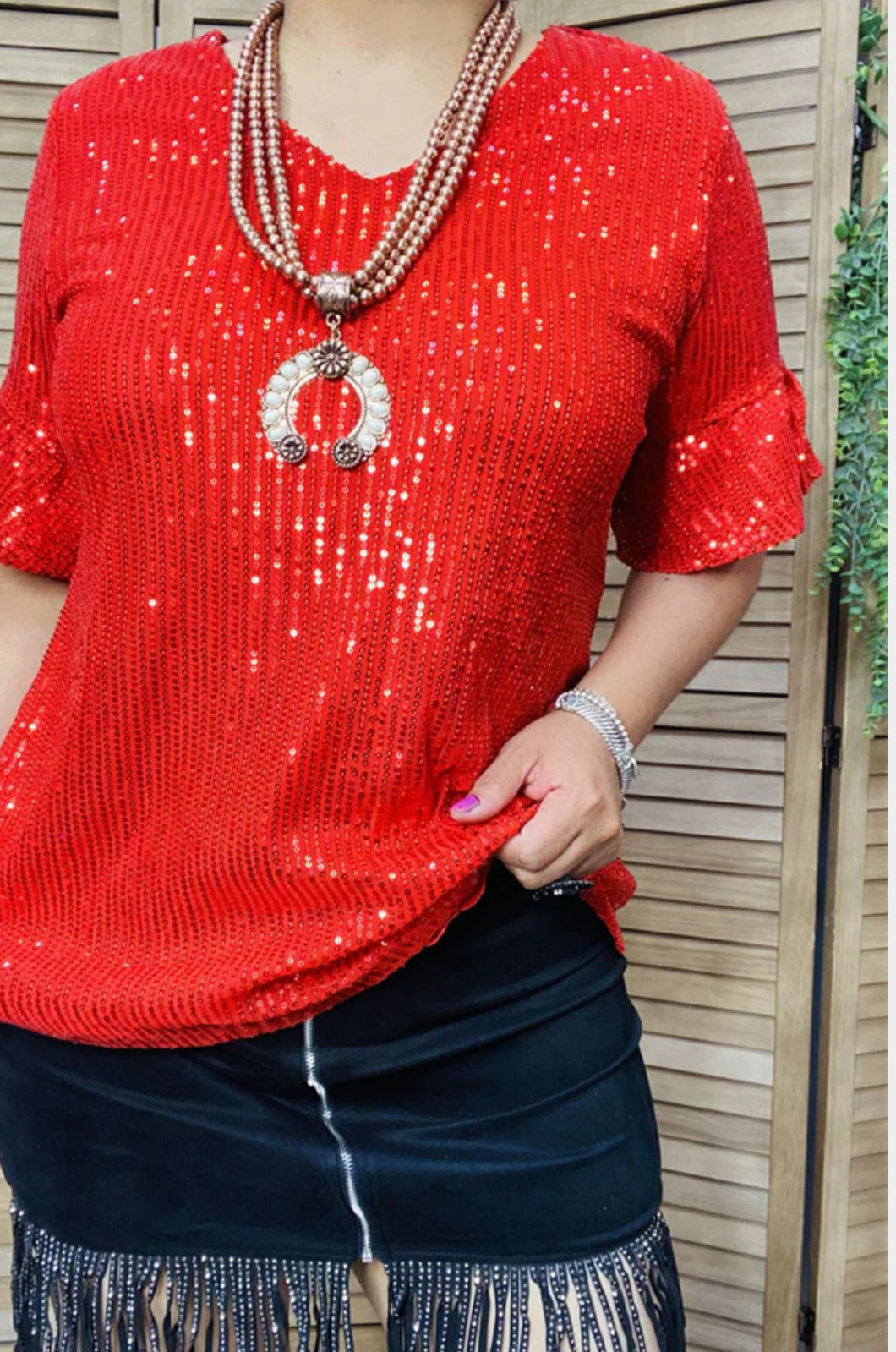 Red Sequin Top With Ruffle Sleeves