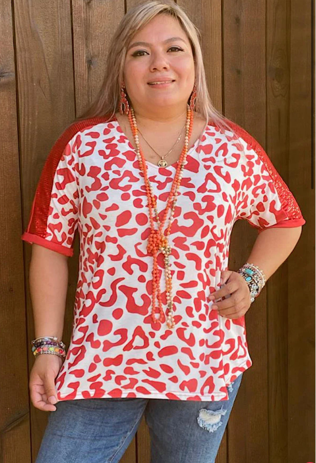 Leopard Printed Top W/Sequin Short Sleeves