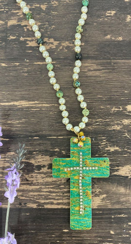 Turquoise Brushed Bling Cross Cutout Necklace, Gold