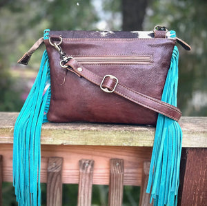 Upcycled Lv Cowhide Leather  Turquoise Fringe Crossbody Bag